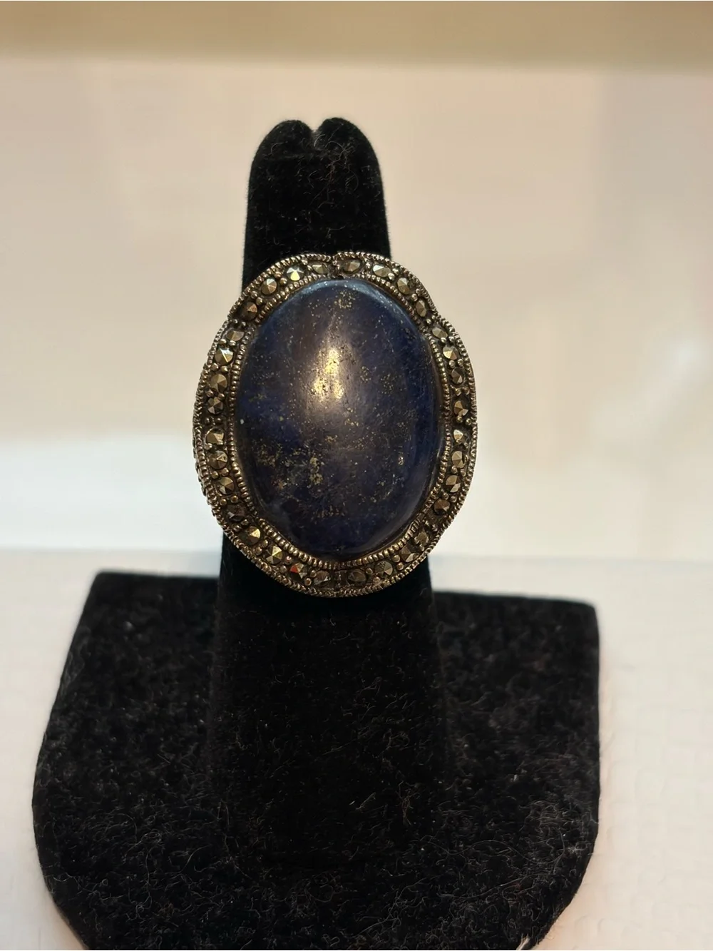 Vintage art deco, Victorian, Marcasite lapis Sterling silver ring